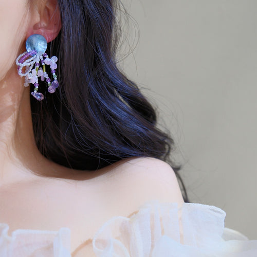 French Vintage Purple Acrylic Shell Beaded Spiral Clip-on Earrings Vacation Style