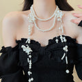 French Light Luxury Floral Tassel Faux Pearl Sweater Necklace For Women Old Money Long Collarbone Chain view 3