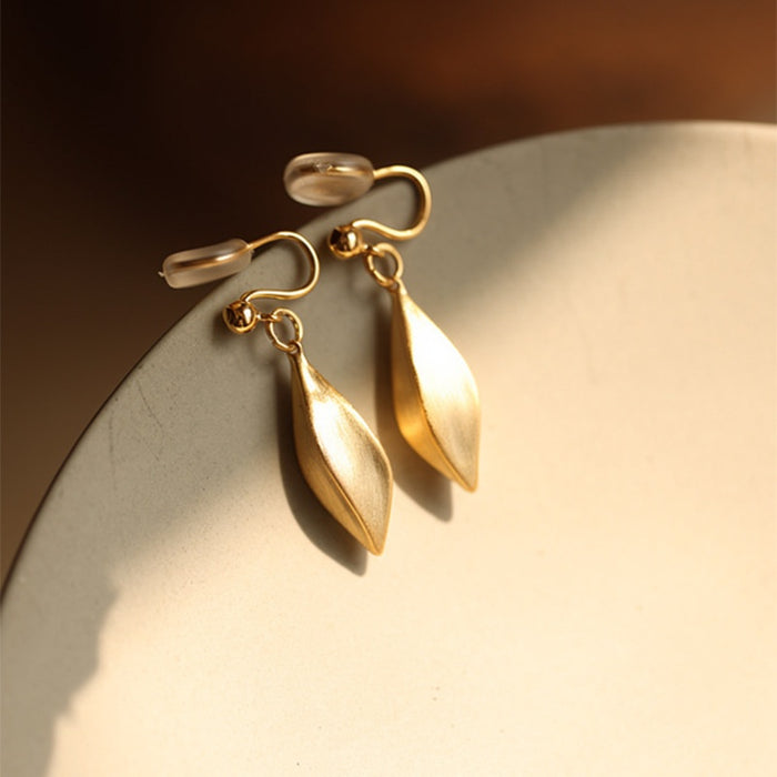 Vintage New Chinese Style Copper Leaf Clip-on Earrings With Brushed Wood Fruit Design