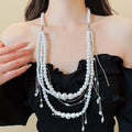 French Vintage Faux Pearl Tassel Waist Chain Necklace, Multi-Wear Old Money Geometric Round Jewelry view 3