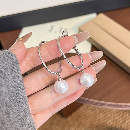 Elegant Silver Needle Large Hoop Faux Pearl Pendant Tassel Simple Fashion Commuter Metal Stud Earrings