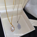 Korean Style 18K Gold Plated Copper Zircon Mother Of Pearl Feather Pendant Necklace For Women view 4