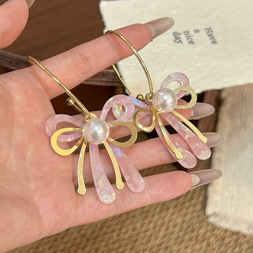 Elegant French Pearl Bowknot Gold Alloy Hoop Earrings With Pink Acrylic Petal Dangle Earrings
