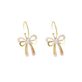 Elegant French Pearl Bowknot Gold Alloy Hoop Earrings With Pink Acrylic Petal Dangle Earrings view 5