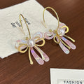 Elegant French Pearl Bowknot Gold Alloy Hoop Earrings With Pink Acrylic Petal Dangle Earrings view 3
