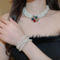 French Light Luxury Faux Pearl Beaded Rhinestone Flower Jewelry Set With Stud Earrings Bracelet Necklace view 4