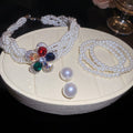 French Light Luxury Faux Pearl Beaded Rhinestone Flower Jewelry Set With Stud Earrings Bracelet Necklace view 3