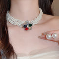 French Light Luxury Faux Pearl Beaded Rhinestone Flower Jewelry Set With Stud Earrings Bracelet Necklace view 2