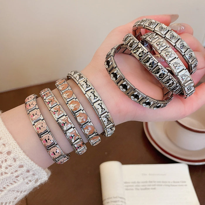 Cute Enamel Dog Stainless Steel Beaded Bracelet, Simple Fashion Animal Charm Jewelry For Women