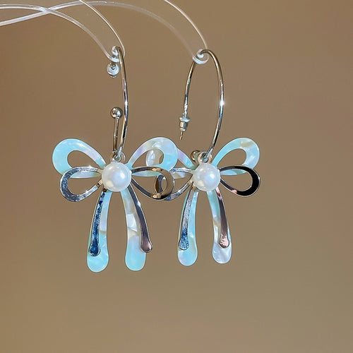 Elegant Princess Acetate Bow C-Shaped Pearl Stud Earrings With Silver Pins