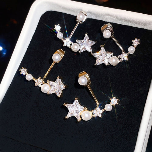 Copper Star Pearl Stud Earrings With Silver Pins And Zircon Accents, Sweet Light Luxury Style
