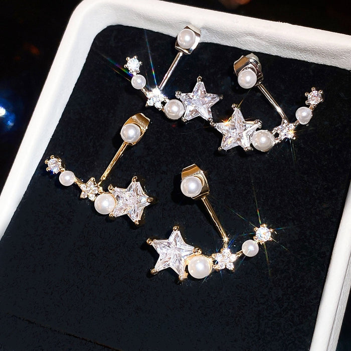 Copper Star Pearl Stud Earrings With Silver Pins And Zircon Accents, Sweet Light Luxury Style