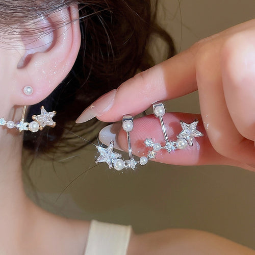 Copper Star Pearl Stud Earrings With Silver Pins And Zircon Accents, Sweet Light Luxury Style