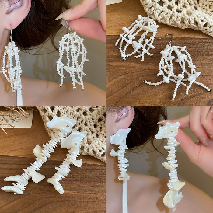White Beaded Irregular Shell Tassel Stud Earrings Geometric Vacation Style Summer Jewelry