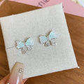 Korean Sweet Style Blue Glass Crystal Bow Stud Earrings With Silver Pins For Daily Wear view 3