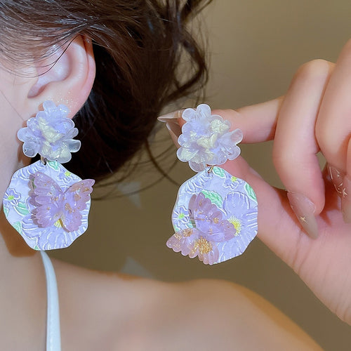 Purple Butterfly Flower Oil Painting Resin Stud Earrings, Oriental Pastoral Artistic Floral Jewelry