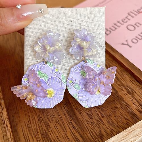 Purple Butterfly Flower Oil Painting Resin Stud Earrings, Oriental Pastoral Artistic Floral Jewelry