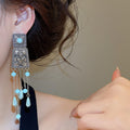 Vintage Ethnic Bohemian Geometric Carved Alloy Long Tassel Drop Earrings For Women view 3