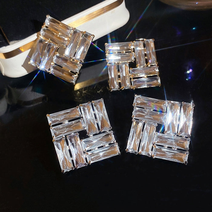 2026 New Copper Diamond Shape Crystal Stud Earrings For Women, Modern Light Luxury Geometric Design
