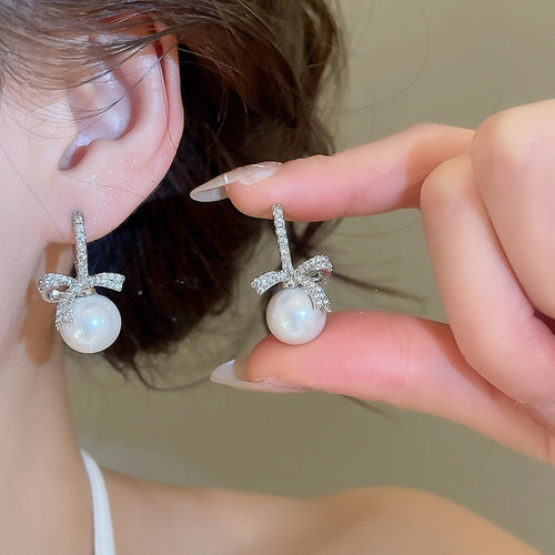 French Princess Style Bow Faux Pearl Stud Earrings Elegant Fashion OL Ear Jewelry