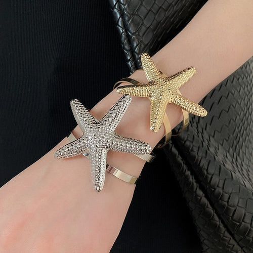 European Style Iron Starfish Open Cuff Bangle Wide Vacation Statement Bracelet
