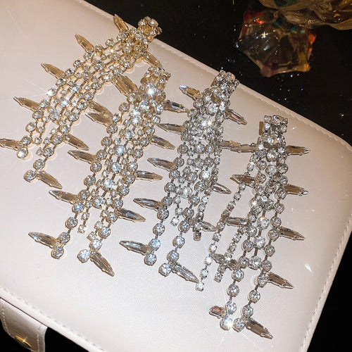 Luxury Copper Rhinestone Waterdrop Tassel Drop Earrings With Silver Pins, Geometric Statement Style