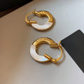 24K Gold Plated Mother Of Pearl Round Letter Huggie Earrings French Light Luxury Geometric Style view 2