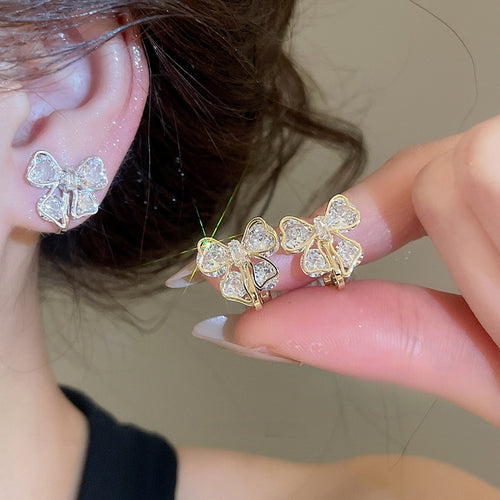 Light Luxury Copper Zircon Bow Clip-on Earrings, Elegant Niche Design For Women