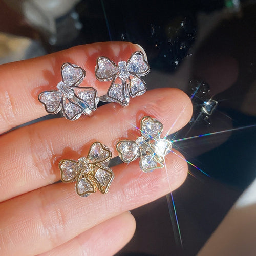 Light Luxury Copper Zircon Bow Clip-on Earrings, Elegant Niche Design For Women
