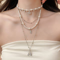 French Vintage Faux Pearl Cross Necklace Old Money Geometric Collarbone Chain view 3