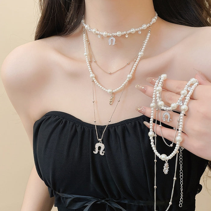 French Vintage Faux Pearl Cross Necklace Old Money Geometric Collarbone Chain