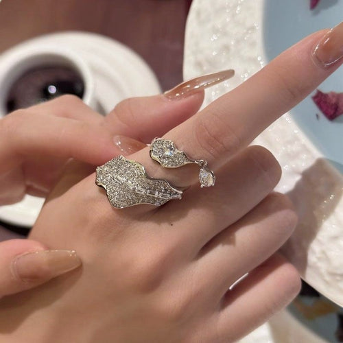 Zircon Leaf Waterdrop Open Ring With Elegant Luxury Design For Women