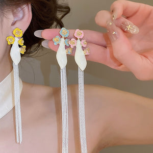 Vintage Alloy Enamel Flower Long Tassel Drop Earrings With Silver Pins Spring Summer Style