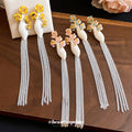 Vintage Alloy Enamel Flower Long Tassel Drop Earrings With Silver Pins Spring Summer Style view 2