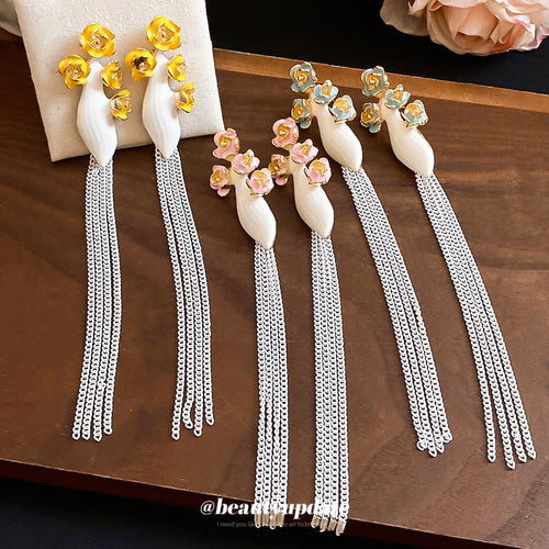 Vintage Alloy Enamel Flower Long Tassel Drop Earrings With Silver Pins Spring Summer Style