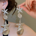 Western Ocean Style Metal Starfish Conch Silver Needle Drop Earrings For Women view 3
