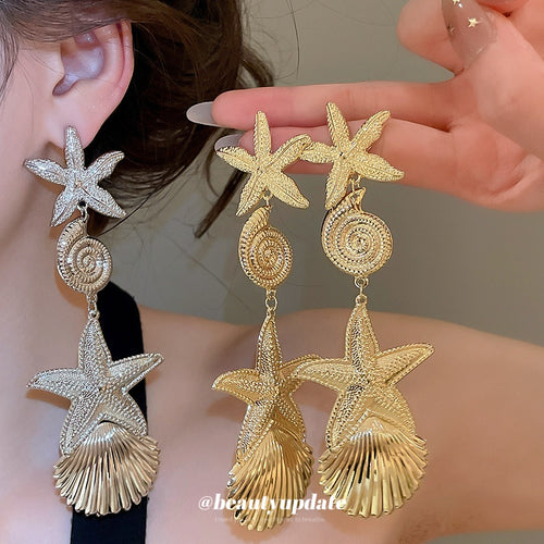 Western Ocean Style Metal Starfish Conch Silver Needle Drop Earrings For Women