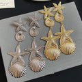 Western Ocean Style Metal Starfish Conch Silver Needle Drop Earrings For Women view 2