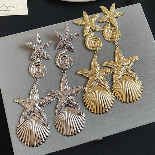 Western Ocean Style Metal Starfish Conch Silver Needle Drop Earrings For Women