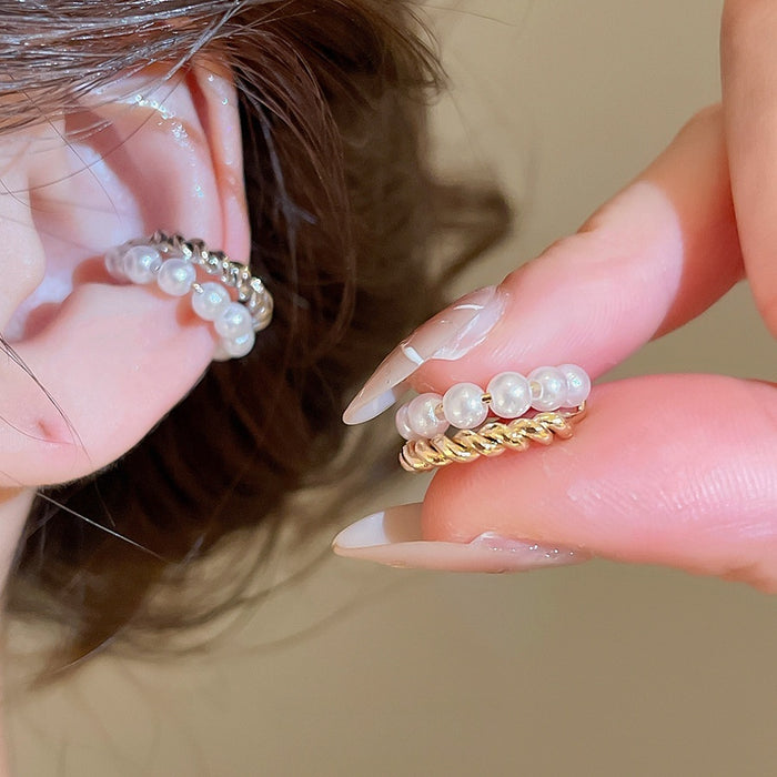 2026 New Double Layer Faux Pearl Clip-on Earrings French Vintage Elegant Geometric Round Ear Cuffs