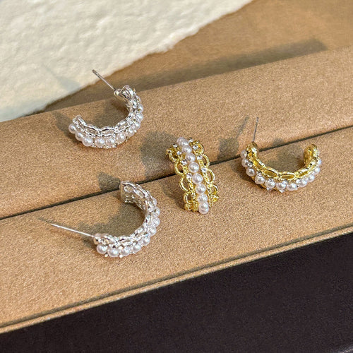 Elegant C-Shaped Alloy Hoop Studs With Pearls And Rhinestone Inlay For Fashion Commuter Earrings