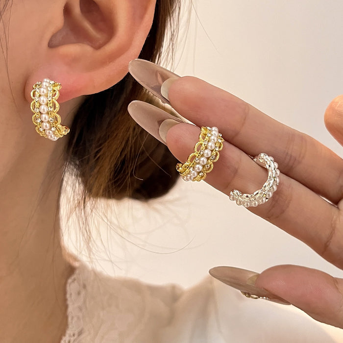 Elegant C-Shaped Alloy Hoop Studs With Pearls And Rhinestone Inlay For Fashion Commuter Earrings