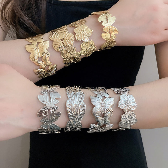 Modern Minimalist Metal Crumpled Leaf Hollow Flower Open Bangle, Light Luxury Statement Jewelry