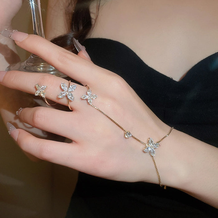 Korean Style Copper Zircon Flower Ring Bracelet Bangle Light Luxury Floral Hand Jewelry For Women