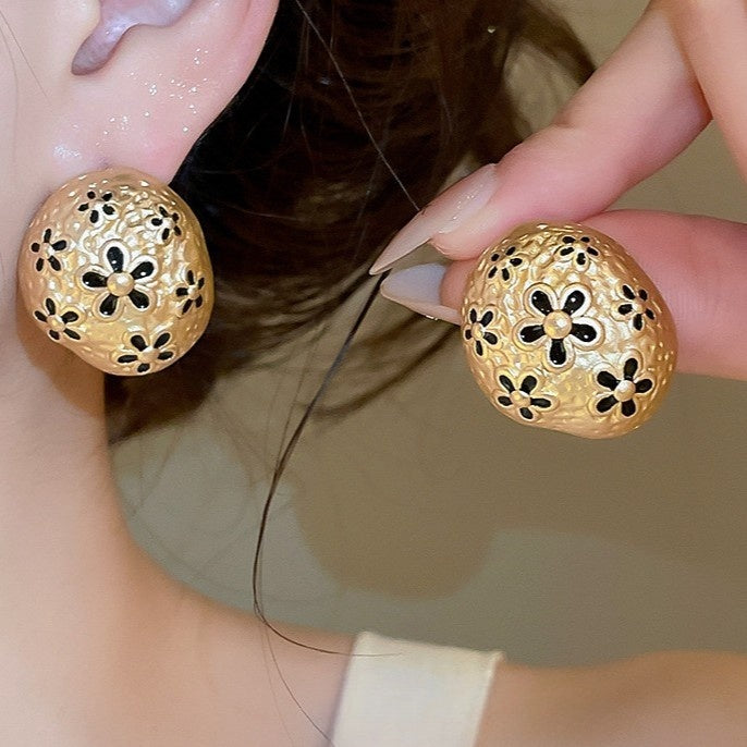 Vintage Alloy Enamel Wrinkled Oval Flower Stud Earrings, Light Luxury Floral Ear Jewelry