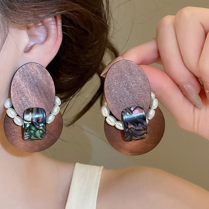 2026 New Wooden Oval Pearl Stud Earrings For Women Vintage Ethnic Geometric Fashion Jewelry