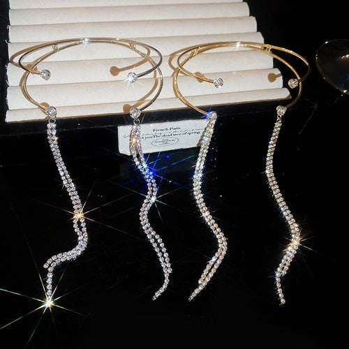 Modern Copper Double Layer Rhinestone Tassel Open Arm Bangle For Women