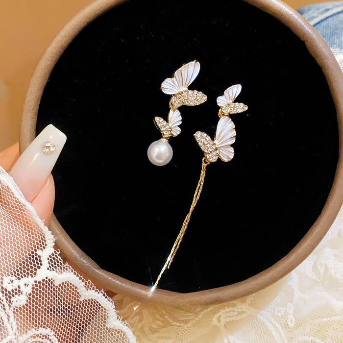 Light Luxury Alloy Butterfly Enamel Rhinestone Asymmetric Stud Earrings