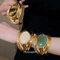 Vintage European Alloy Stone Wide Twisted Open Bangle For Women Oval Statement Jewelry view 1