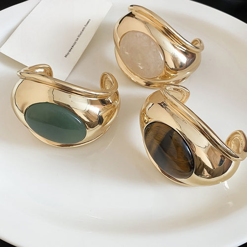 Vintage European Alloy Stone Wide Twisted Open Bangle For Women Oval Statement Jewelry
